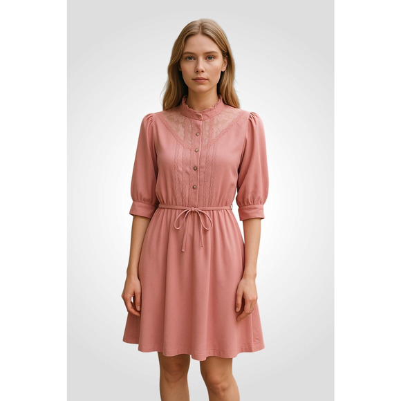 Vintage 70s Dress Montgomery Ward Sz 12 Women’s Cottagecore Lace Polyester Pink - Picture 1 of 6